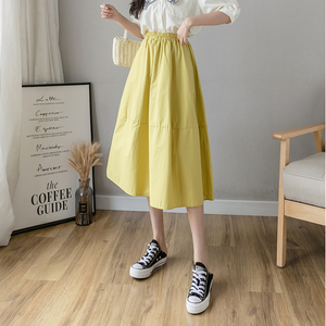 RM9469#夏季新款百搭纯色高腰显瘦松紧腰中长款大摆半身裙女
