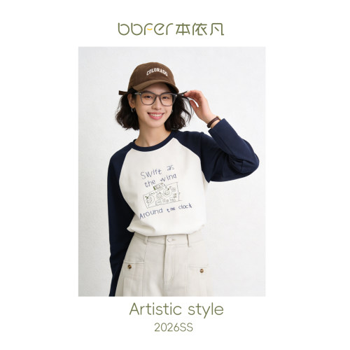 BBFER本依凡春款宽松插肩袖圆领T恤长袖异色拼接女0510