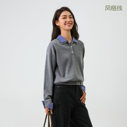 BBFER本依凡冬款假两件针织衫撞色POLO领女士套头衫0073