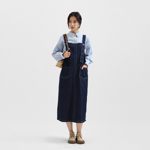 本依凡 春季女士宽松连衣裙SYSLQ0107休闲时尚复古背带中长牛仔裙
