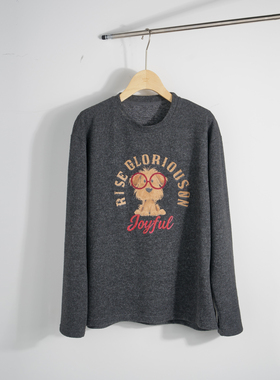 BBFER/本依凡韩系卡通小狗印花长袖T恤女灰色圆领宽松软糯上衣