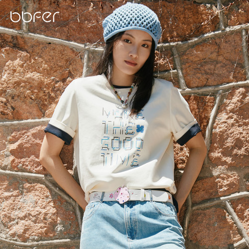 bbfer本依凡WTSTX0086秋短袖T恤正肩宽松休闲百搭女圆领印花简约