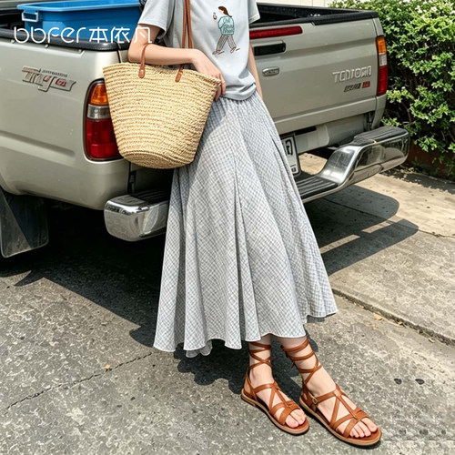 【风叙】薄款泡泡纱格纹半裙