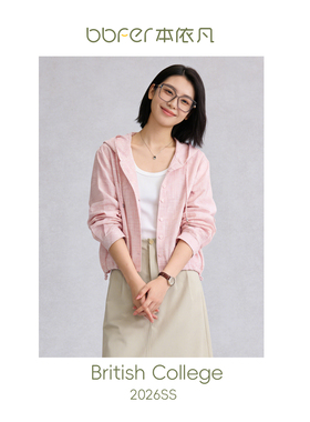 BBFER本依凡春款100棉连帽学院风O型衬衫格纹长袖开襟衬衣女0012
