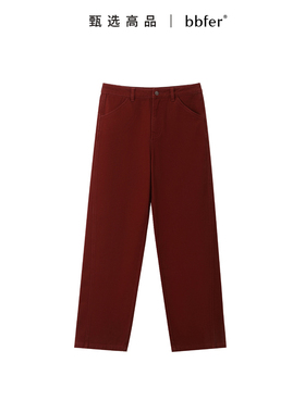 bbfer本依凡冬季女红色牛仔裤直筒复古美式安可拉红纯棉SSSNZ0167