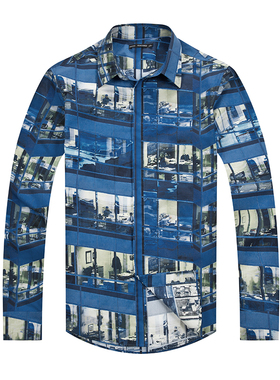 [三标齐全]鸟家男装PEACE 修身纯棉 绚丽印花 长袖衬衫 B1CA52701