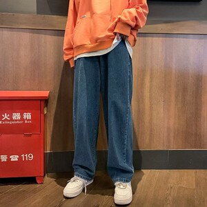 N191 纯色高街牛仔裤男士宽松直筒阔腿长裤男生美式潮牌休闲裤P35图片