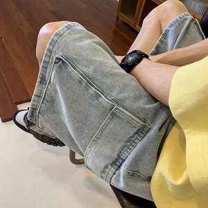 D3982工装牛仔短裤男士夏季薄款宽松ins高街港风五分休闲中裤P42图片