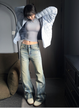 EchoForge | 【浊浪】闪电爆裂纹牛仔裤洗水弯刀男女同款立体猫须