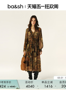 bash夏季绮梦鎏金法式复古印花度假风茶歇裙女长袖连衣裙1H25PIER