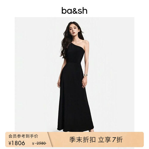 bash夏季法式斜肩小黑裙连衣裙新年晚会派对礼服连身长裙1E25FINN