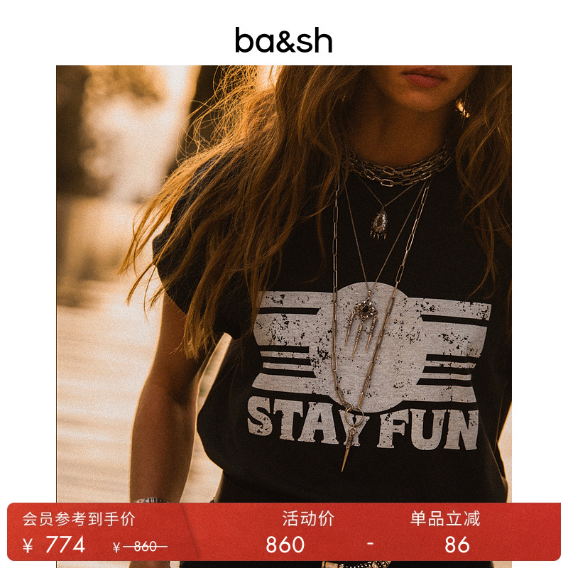 bash谭松韵同款2025新款法式复古休闲印花纯棉短袖T恤女1H25REES