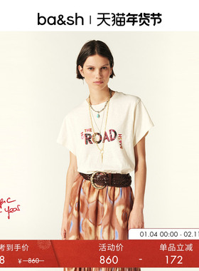 bash夏季法式T恤上衣经典字母印花通勤简约米白色短袖1H24MITA