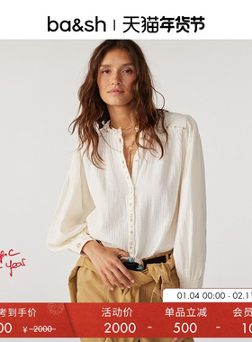 bash冬季简约通勤女士衬衣灯笼袖花边圆领刺绣上衣衬衫1E24CARA