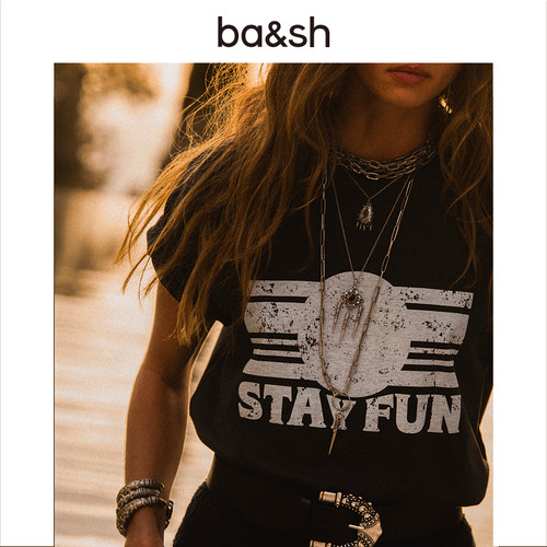 【谭松韵同款】bash夏季法式复古休闲印花棉质短袖T恤女1H25REES