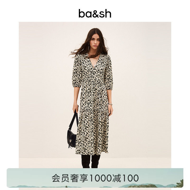 bash2026新款春季蓝夜法式度假风复古印花V领收腰连衣裙1E26PALM