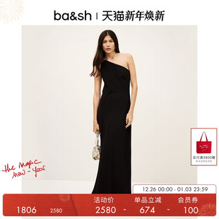 bash2025新款 斜肩小黑裙连衣长裙跨年晚会派对礼服1E25FINN 法式