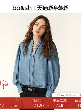 bash冬季法式静奢风衬衣休闲复古牛仔蓝上衣衬衫1E25KUKA