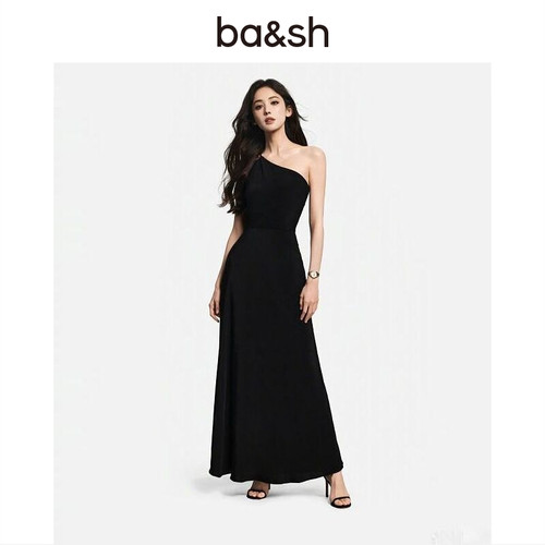 bash夏季法式斜肩小黑裙连衣裙新年晚会派对礼服连身长裙1E25FINN