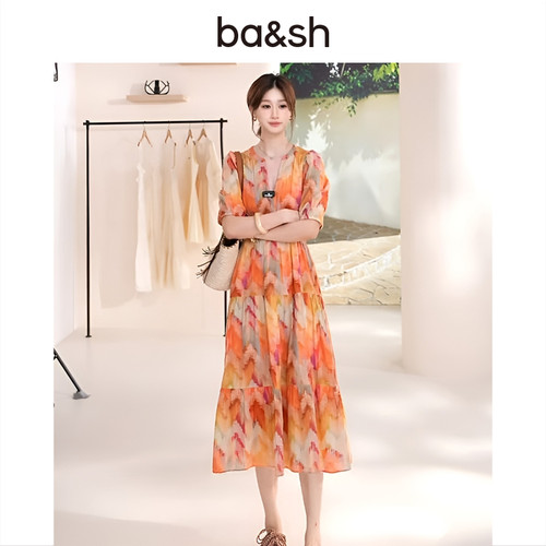 bashV领多巴胺百搭印花连衣裙