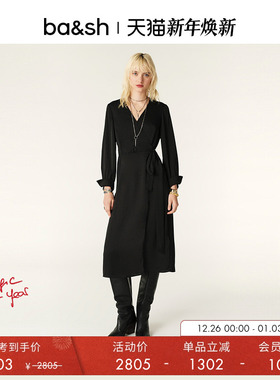 bash法式复古收腰小黑裙赫本风连衣长裙长袖年会晚会礼服1E24IRIS