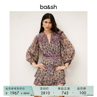 度假风优雅印花九分袖 V领裙子连衣裙女短裙1E25LOLY 法式 bash春季