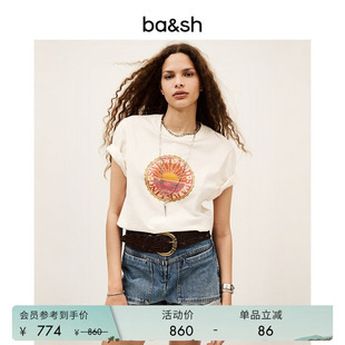 休闲宽松棉质米白T恤短袖 上衣1E25BARE 复古做旧印花法式 bash春季