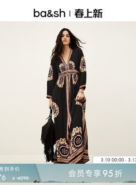 bash2026新款春季圣所花园度假风复古印花V领连衣裙长裙1E26VERA