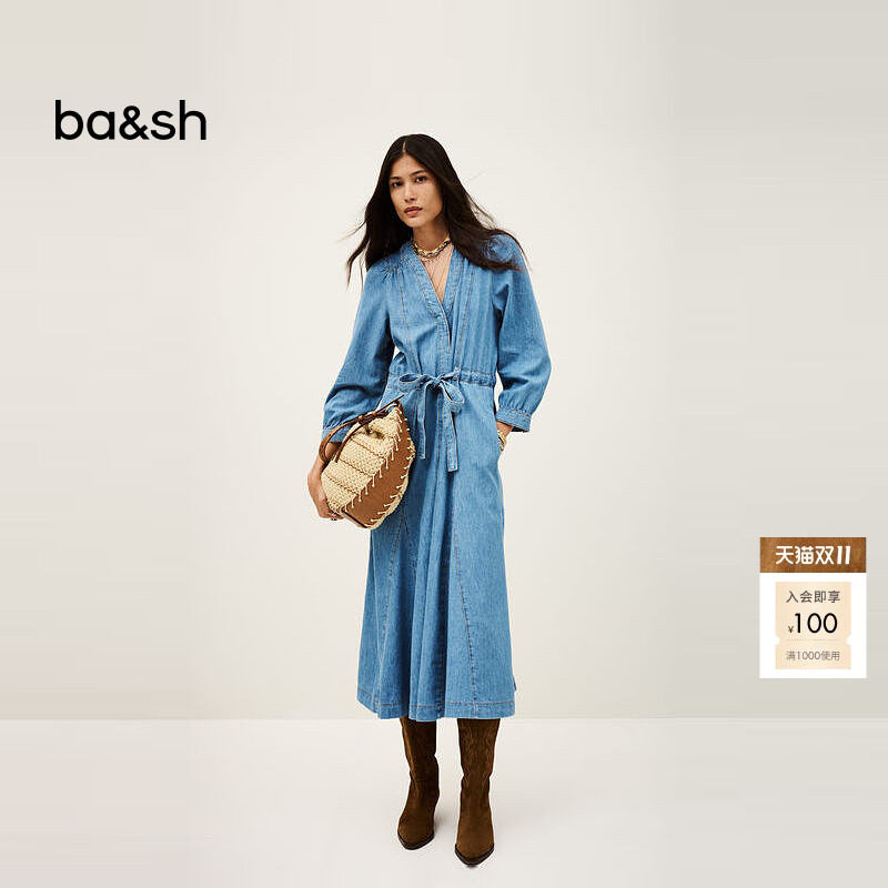 bash秋季法式简约复古牛仔蓝女装裙子长袖V领收腰连衣长裙1H25LIA