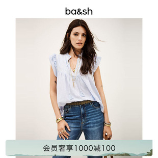 bash春季 清新浅蓝色小飞袖 上衣女轻度假风荷叶边衬衫 1H25JANN 法式