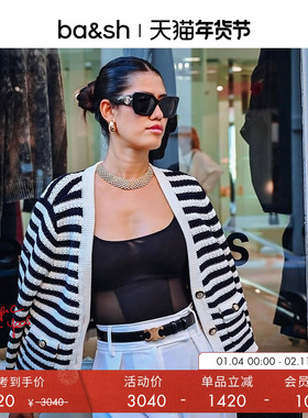 bash冬季小香风提花长袖针织衫外套条纹V领修身开衫上衣1E23GAMD