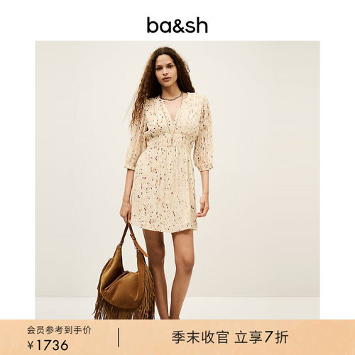 bash秋季法式度假风印花连身短裙女收腰v领五分袖连衣裙1H25KANI