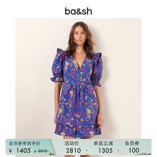 bash春季 甜美风印花荷叶边泡泡袖 连衣裙女装 碎花短裙1E23POPY 法式