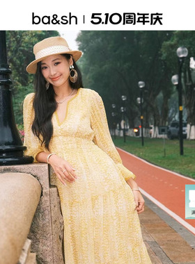 bash夏季南法度假风连身裙V领收腰碎花裙子女法式连衣裙1E24CLOV