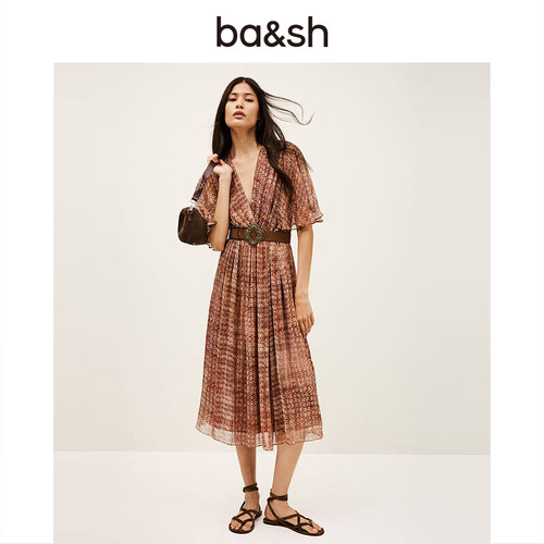 bash夏季绯梦格章法式沙滩度假风V领收腰短袖连衣裙长裙1H25ROMA