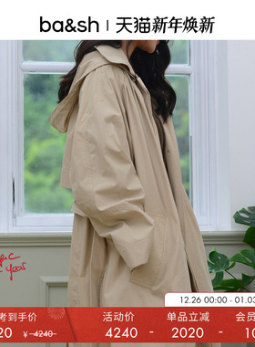 bash冬季复古英伦休闲大衣绑带连帽中长款女士风衣外套1H23KAAN