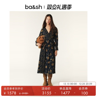 bash秋季 复古蒲公英印花V领中长裙子女士显瘦连衣裙1H24FINA 法式