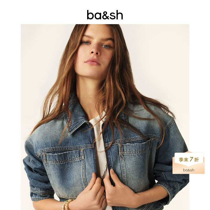 bash春季复古机车bf风休闲水洗做旧牛仔夹克女士短款外套1E25VINC