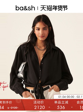 bash法式智感松弛设计感衬衣灯笼袖系带黑色短款衬衫1E23FERI