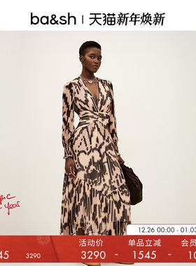 【季末5折起】bash春季几何花韵法式长袖连衣裙1H25AMOR