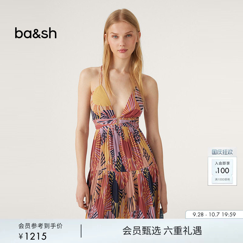 bash夏季海滩度假风裙子吊带露腰露背收腰休闲印花连衣裙1E23NADJ图片