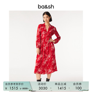 海边度假复古新年穿搭红色碎花V领长衬衫 裙1E24DELE 法式 bash春季