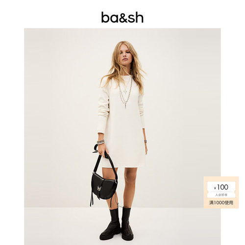 bash秋季简约羊毛混纺直筒连衣裙女休闲通勤米白色连身裙1H25ATES