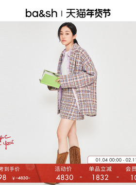 bash冬季英伦风花呢翻领羊毛混纺复古格纹毛呢外套大衣1H23TIMY