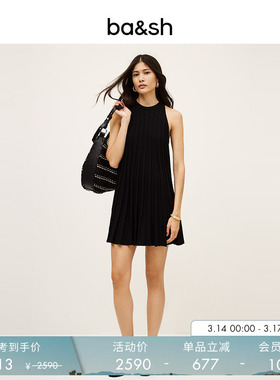 bash春季法式简约风纯色设计挂脖无袖圆领短款女装连衣裙1H25SINN