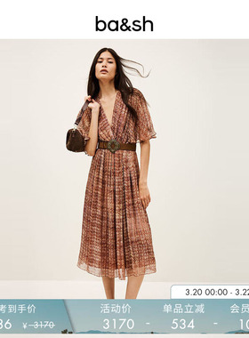 bash春季绯梦格章法式沙滩度假风V领收腰短袖连衣裙长裙1H25ROMA