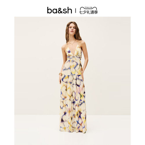 bash夏季极光幻彩法式波西米亚度假风挂脖吊带连衣裙长裙1E25FAOY