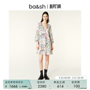 V领印花气质连衣裙短裙1E24LORE 长袖 bash春季 波西米亚度假风法式