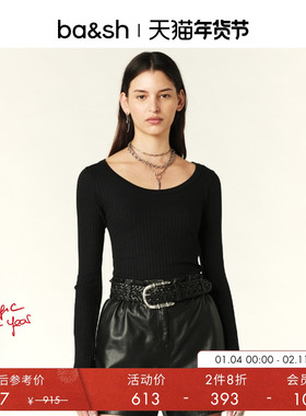 【2件8折】bash春季法式上衣黑色喇叭袖T恤内搭针织衫1E24TIAN