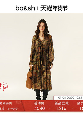 【季末6折起】bash春季绮梦鎏金复古印花连衣裙1H25PIER